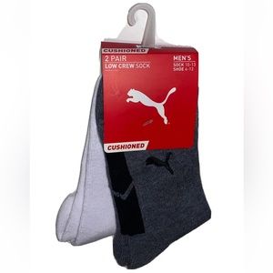 Puma Cushioned Low Crew Socks 2 Pair Mens 6-12 Gray White w/ Logo NEW Cushioned